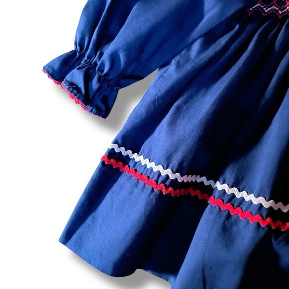 Vintage 1980s Baby Girls Smocked Dress Sz 6 to 12 Month Navy Blue Red White - Picture 6 of 8